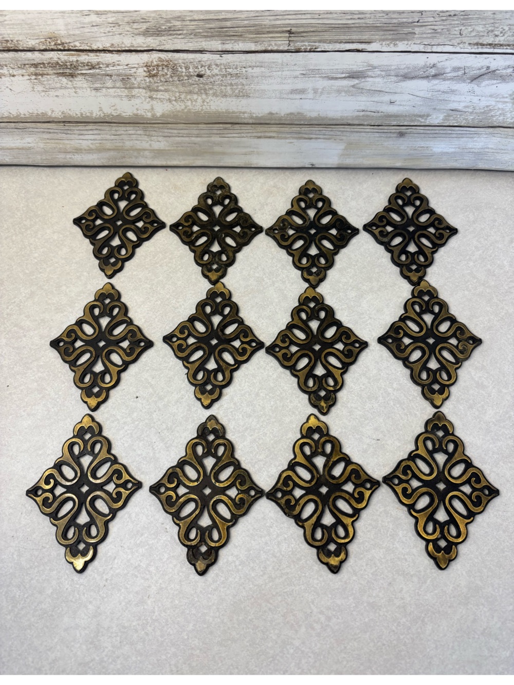 Set of 12 vintage metal backplates for cabinet knobs gothic Ajax